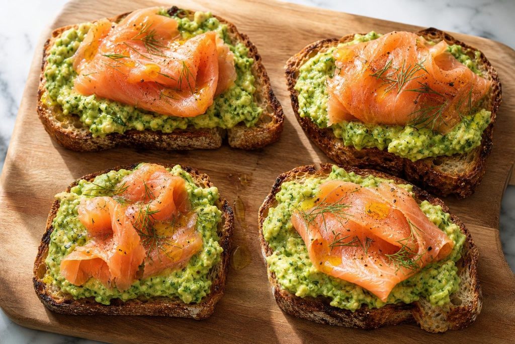 Four pieces of avocado toast topped with smoked salmon and fresh dill on a wooden board