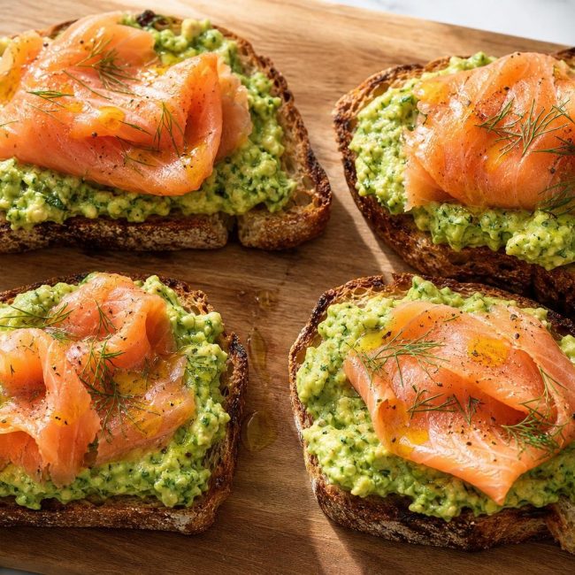 Four pieces of avocado toast topped with smoked salmon and fresh dill on a wooden board