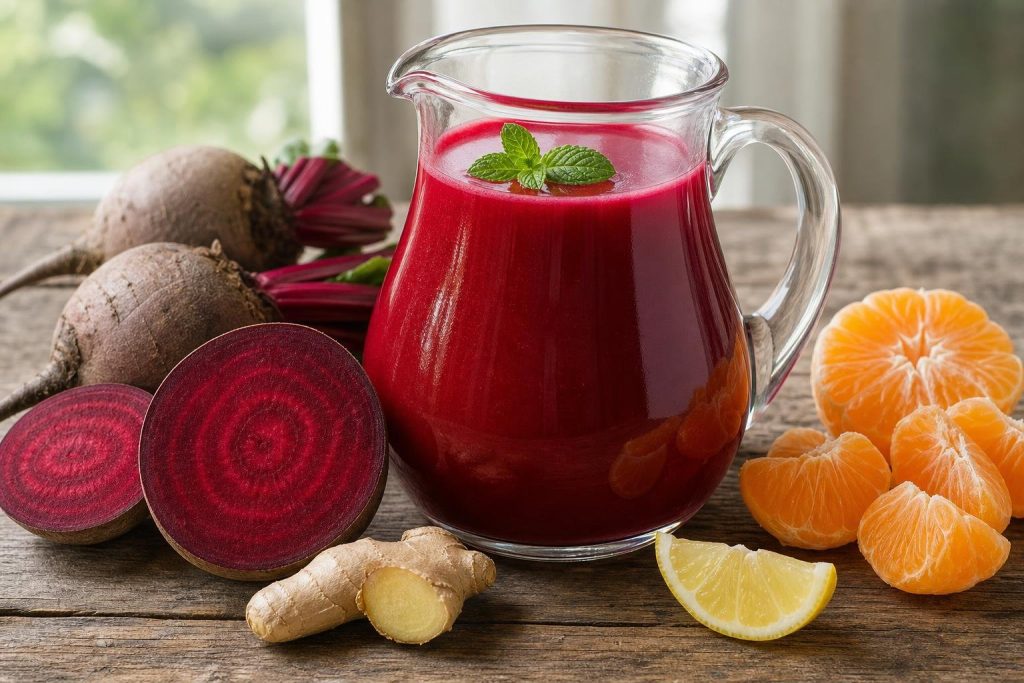 A glass pitcher of bright red beetroot and orange detox juice garnished with a mint leaf, surrounded by fresh beetroot, oranges, ginger, and lemon on a wooden surface.