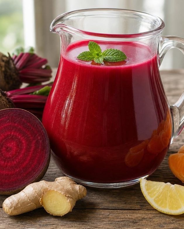 A glass pitcher of bright red beetroot and orange detox juice garnished with a mint leaf, surrounded by fresh beetroot, oranges, ginger, and lemon on a wooden surface.