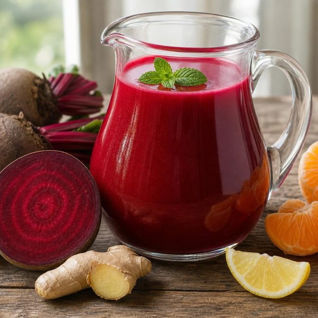 A glass pitcher of bright red beetroot and orange detox juice garnished with a mint leaf, surrounded by fresh beetroot, oranges, ginger, and lemon on a wooden surface.