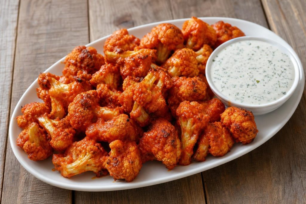 Plate of crispy buffalo cauliflower wings with bowl of vegan ranch dip
