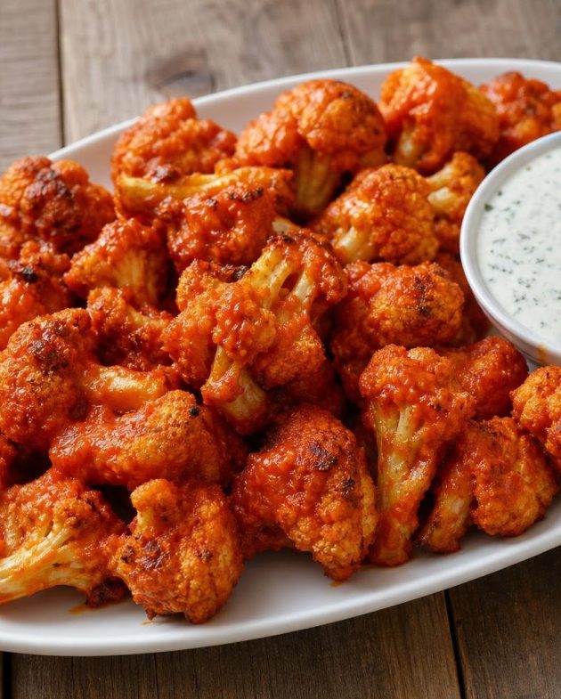 Plate of crispy buffalo cauliflower wings with bowl of vegan ranch dip