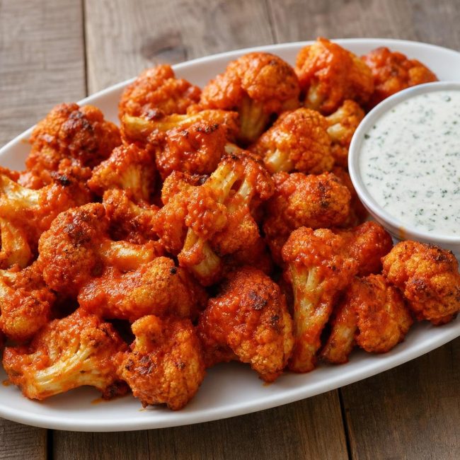 Plate of crispy buffalo cauliflower wings with bowl of vegan ranch dip