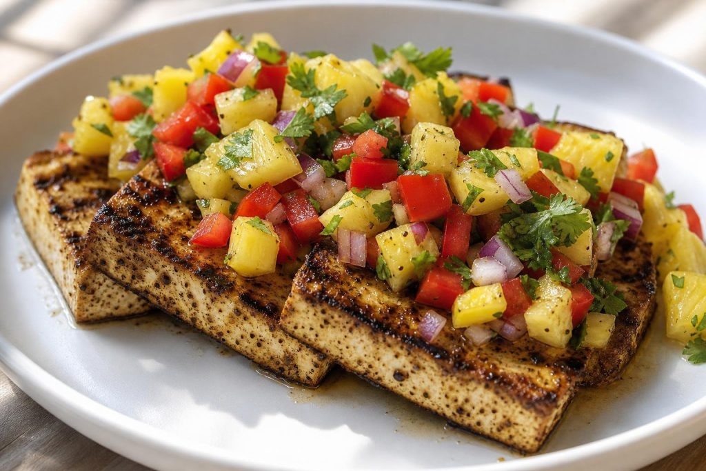 Grilled Caribbean jerk tofu slices topped with fresh pineapple salsa on a white plate