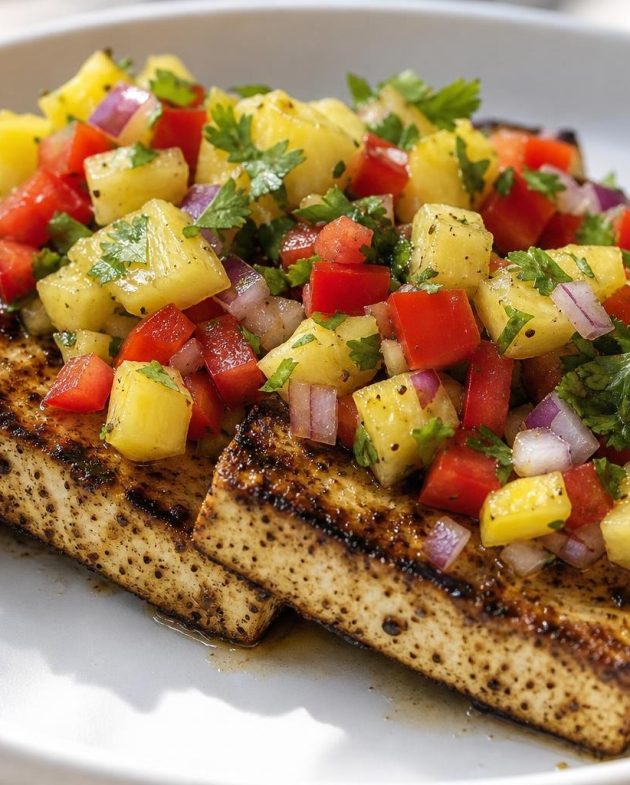 Grilled Caribbean jerk tofu slices topped with fresh pineapple salsa on a white plate