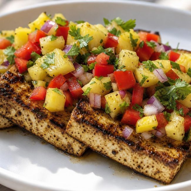 Grilled Caribbean jerk tofu slices topped with fresh pineapple salsa on a white plate