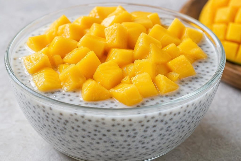 Chia seed pudding with creamy coconut milk topped with fresh diced mango in a glass bowl.