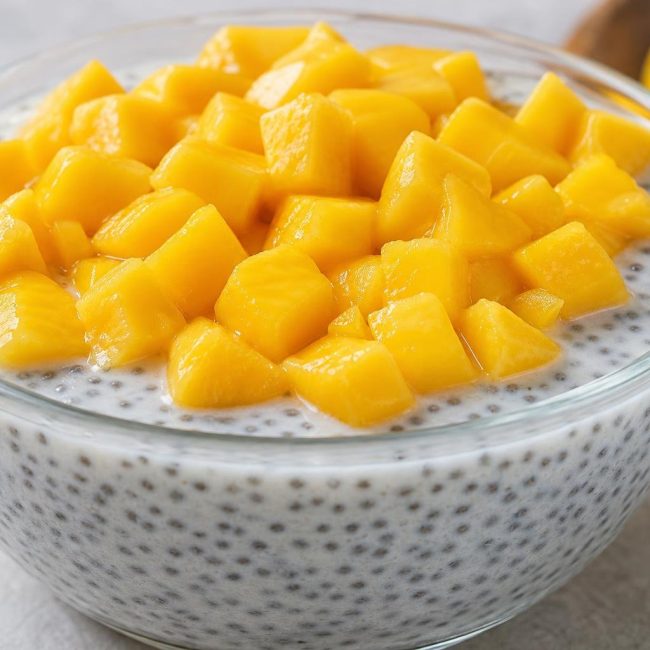 Chia seed pudding with creamy coconut milk topped with fresh diced mango in a glass bowl.