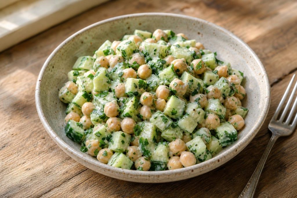Chickpea and cucumber salad with parsley and creamy tahini lemon dressing in a rustic bowl.