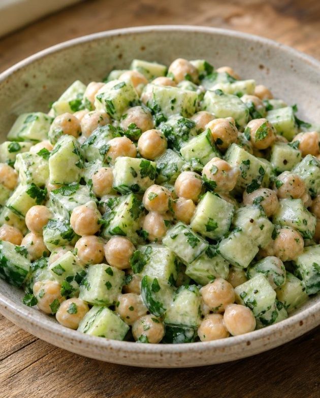 Chickpea and cucumber salad with parsley and creamy tahini lemon dressing in a rustic bowl.
