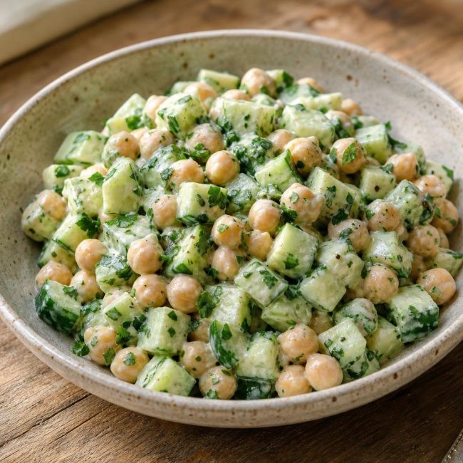 Chickpea and cucumber salad with parsley and creamy tahini lemon dressing in a rustic bowl.