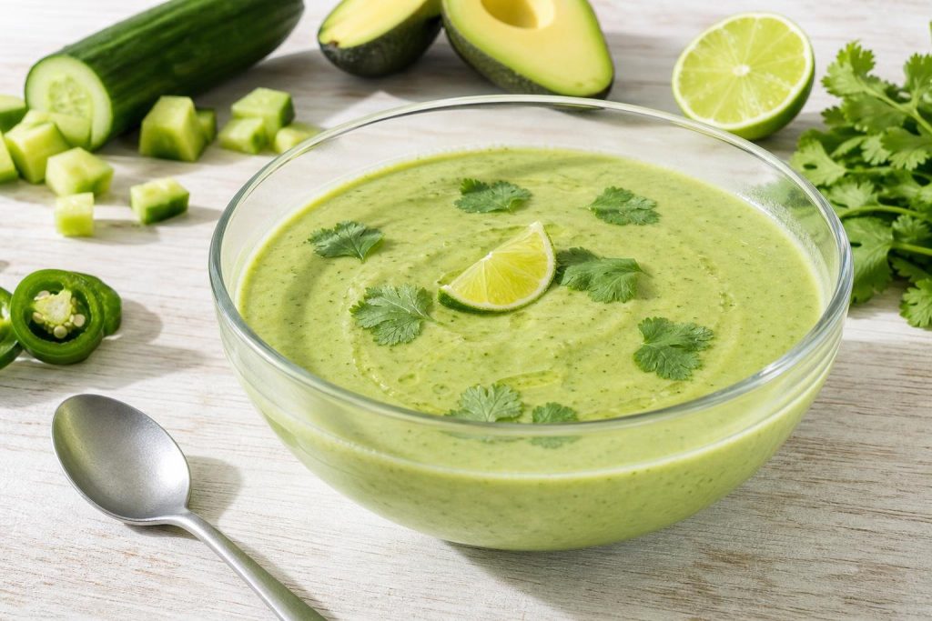 Chilled cucumber and avocado gazpacho garnished with cilantro leaves in a glass bowl