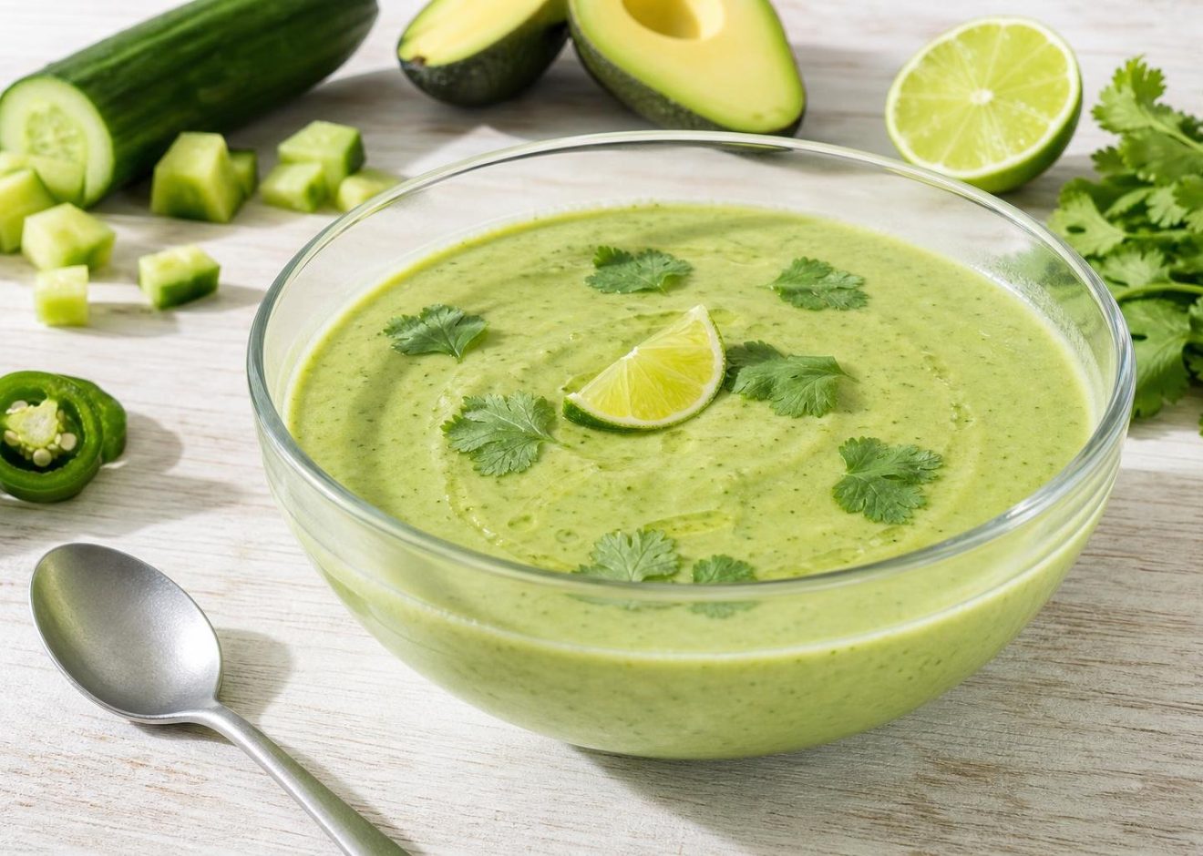 Chilled cucumber and avocado gazpacho garnished with cilantro leaves in a glass bowl