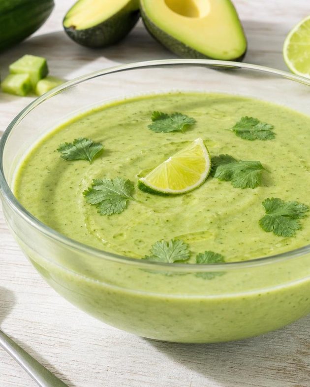 Chilled cucumber and avocado gazpacho garnished with cilantro leaves in a glass bowl
