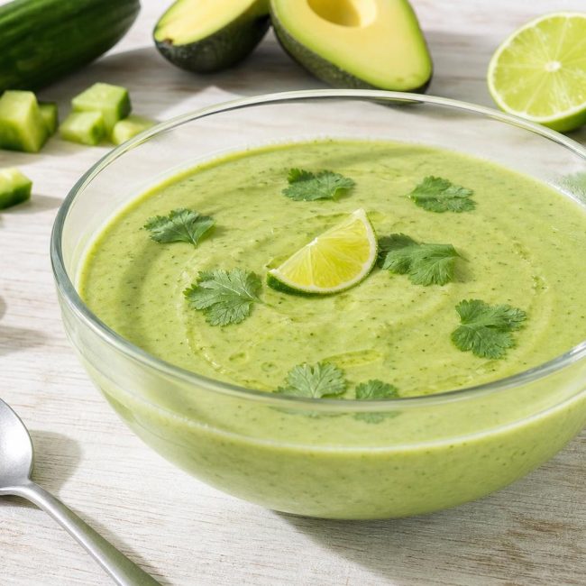 Chilled cucumber and avocado gazpacho garnished with cilantro leaves in a glass bowl