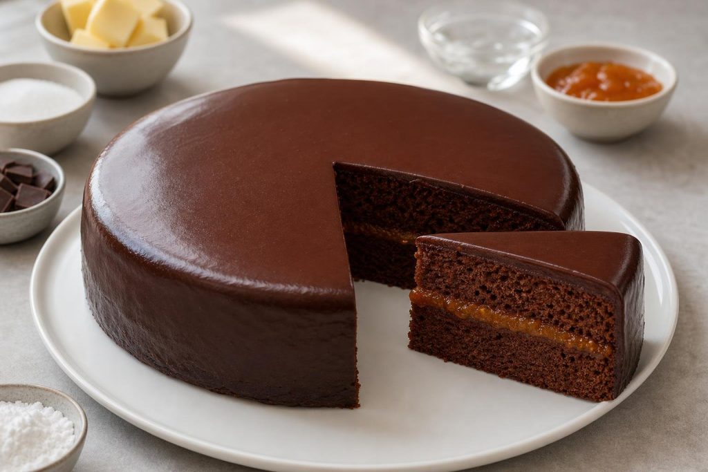 Slice of classic Austrian Sachertorte chocolate cake with dark chocolate glaze and apricot jam layer