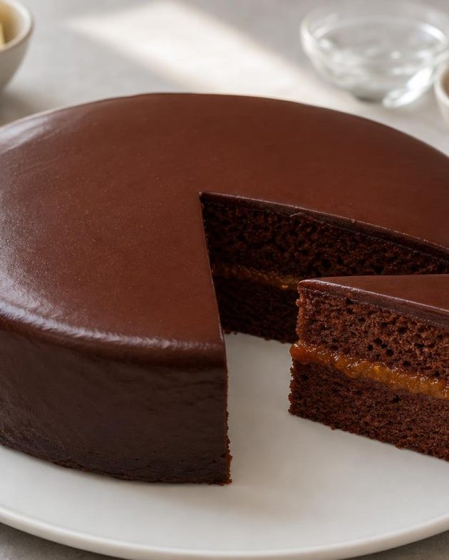 Slice of classic Austrian Sachertorte chocolate cake with dark chocolate glaze and apricot jam layer