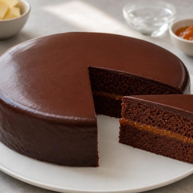 Slice of classic Austrian Sachertorte chocolate cake with dark chocolate glaze and apricot jam layer