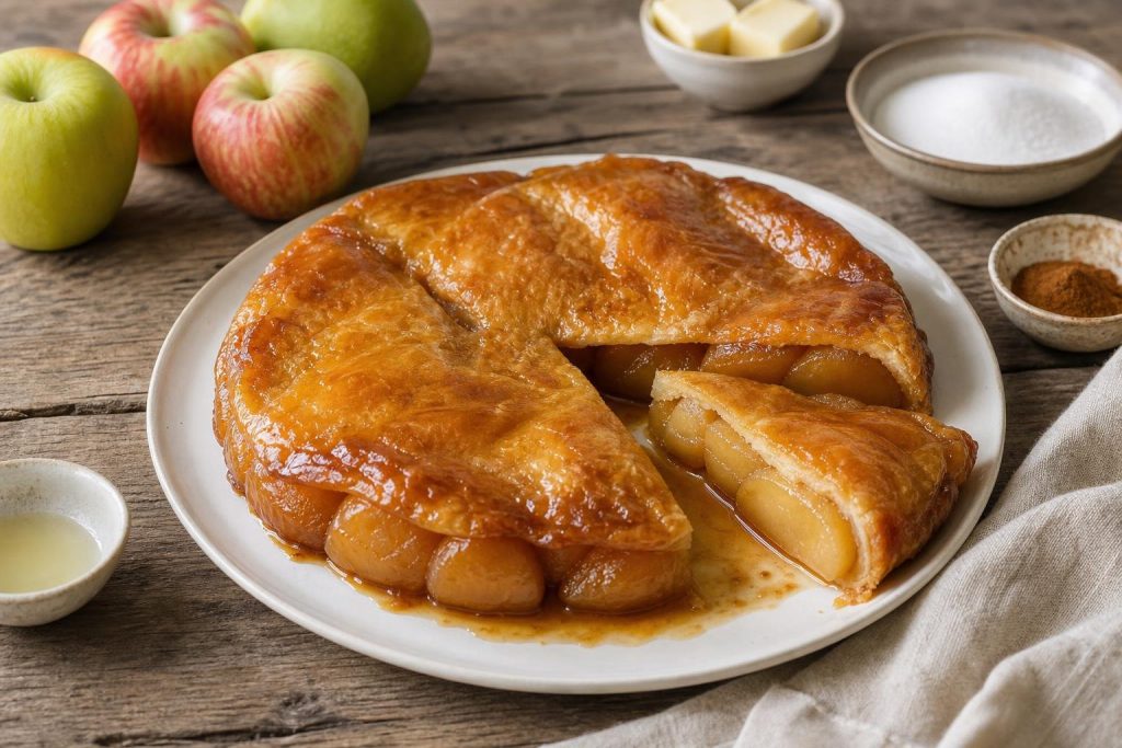 Classic French Tarte Tatin with caramelized apple halves under golden puff pastry crust on a white plate