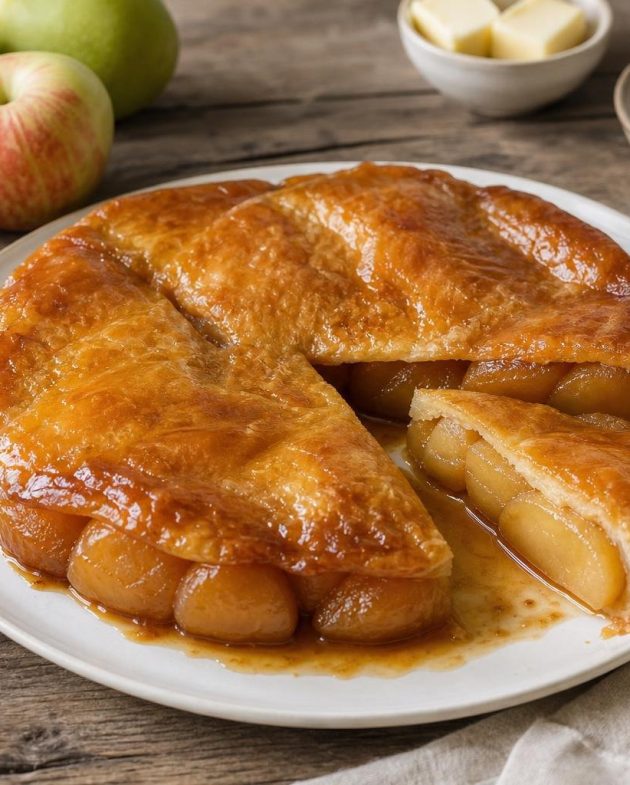 Classic French Tarte Tatin with caramelized apple halves under golden puff pastry crust on a white plate