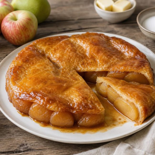 Classic French Tarte Tatin with caramelized apple halves under golden puff pastry crust on a white plate