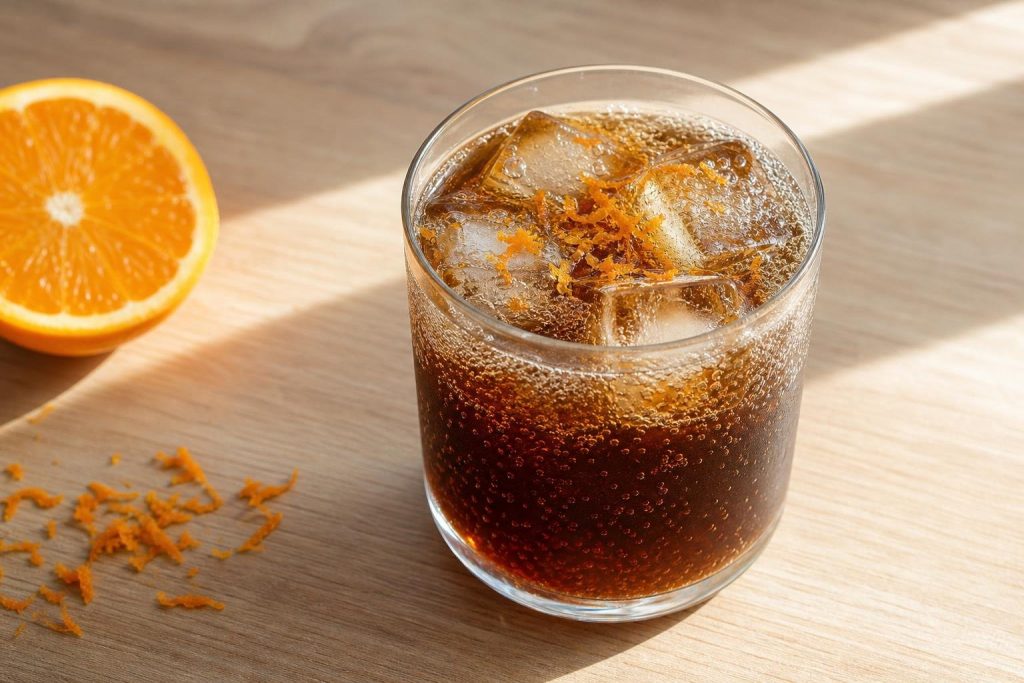 Glass of cold brew coffee tonic with ice cubes garnished with fresh orange zest on a wooden surface.
