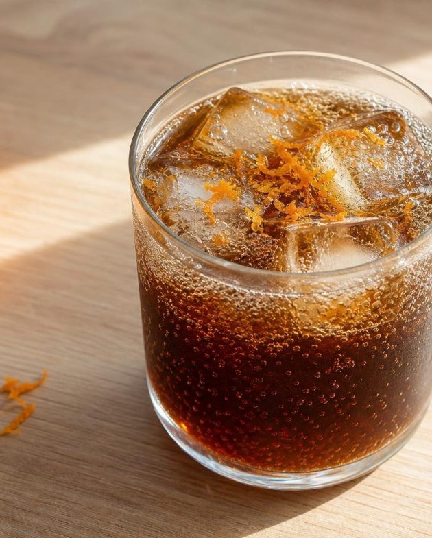Glass of cold brew coffee tonic with ice cubes garnished with fresh orange zest on a wooden surface.