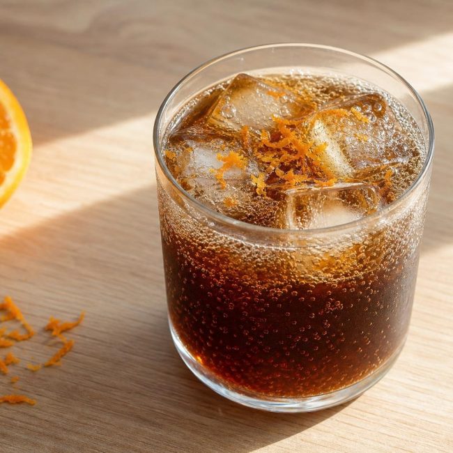 Glass of cold brew coffee tonic with ice cubes garnished with fresh orange zest on a wooden surface.