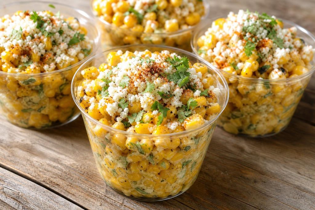 Mexican Street Corn Cups topped with cilantro lime mayo, cotija cheese, and chili powder in small serving cups.