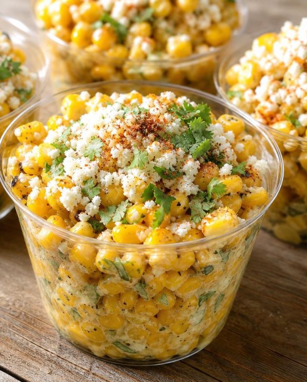 Mexican Street Corn Cups topped with cilantro lime mayo, cotija cheese, and chili powder in small serving cups.