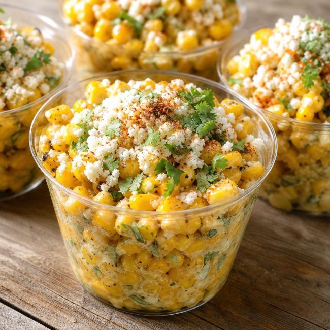 Mexican Street Corn Cups topped with cilantro lime mayo, cotija cheese, and chili powder in small serving cups.