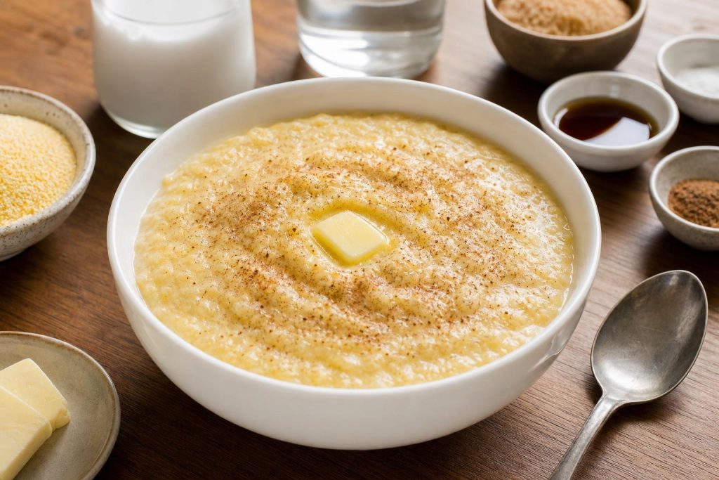 Creamy cornmeal porridge with coconut and nutmeg in a white bowl with a melting butter pat on top