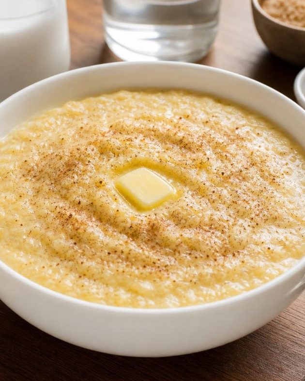 Creamy cornmeal porridge with coconut and nutmeg in a white bowl with a melting butter pat on top