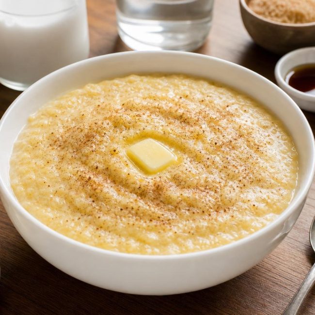 Creamy cornmeal porridge with coconut and nutmeg in a white bowl with a melting butter pat on top
