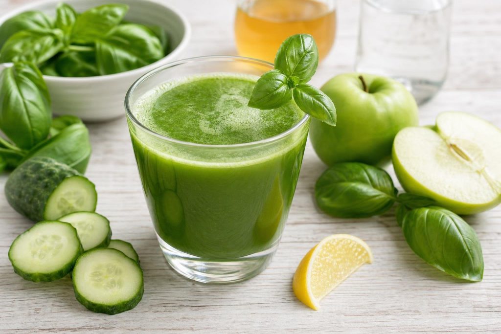 Glass of bright green cucumber and basil cold-pressed juice garnished with basil leaf on a wooden surface with cucumber, basil, apple, and lemon nearby