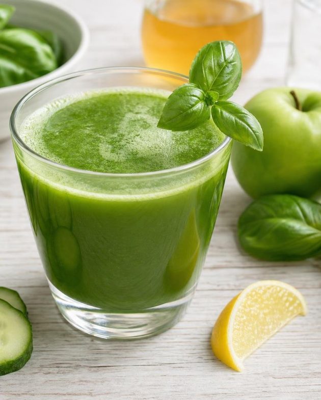 Glass of bright green cucumber and basil cold-pressed juice garnished with basil leaf on a wooden surface with cucumber, basil, apple, and lemon nearby