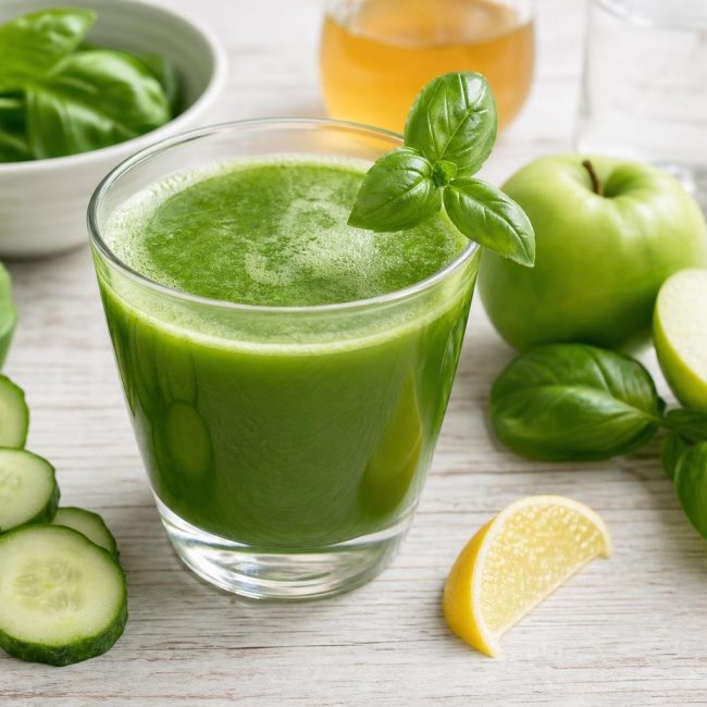 Glass of bright green cucumber and basil cold-pressed juice garnished with basil leaf on a wooden surface with cucumber, basil, apple, and lemon nearby