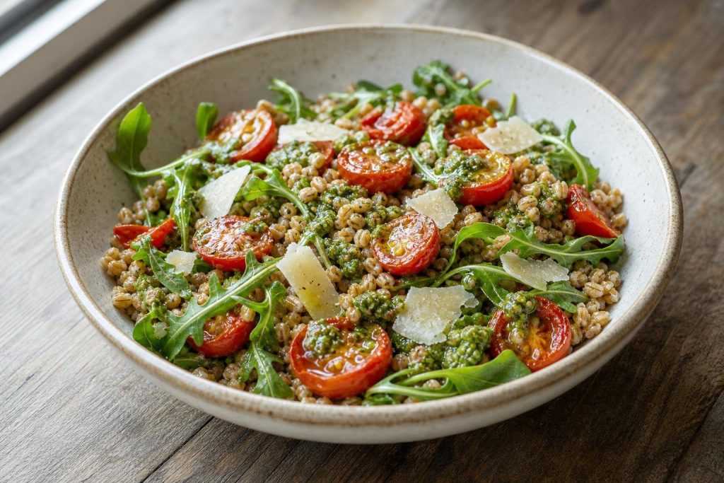 Farro and roasted cherry tomato salad with basil pesto in a bowl, garnished with parmesan and arugula.