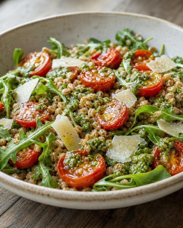 Farro and roasted cherry tomato salad with basil pesto in a bowl, garnished with parmesan and arugula.