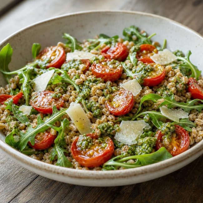 Farro and roasted cherry tomato salad with basil pesto in a bowl, garnished with parmesan and arugula.
