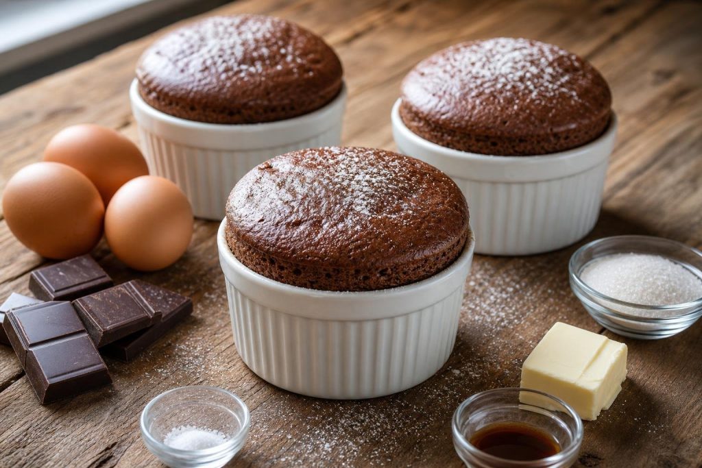 Classic French chocolate souffle with dark chocolate, risen and served in white ramekins, garnished with a mint sprig.