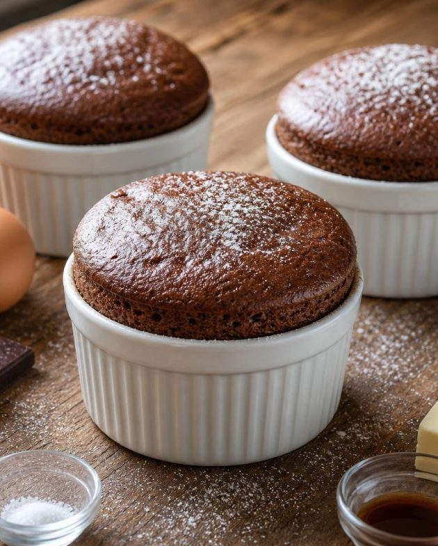 Classic French chocolate souffle with dark chocolate, risen and served in white ramekins, garnished with a mint sprig.