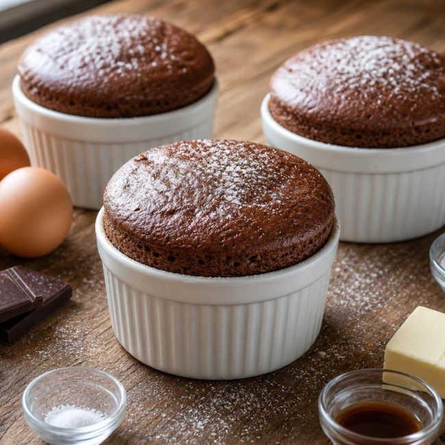 Classic French chocolate souffle with dark chocolate, risen and served in white ramekins, garnished with a mint sprig.