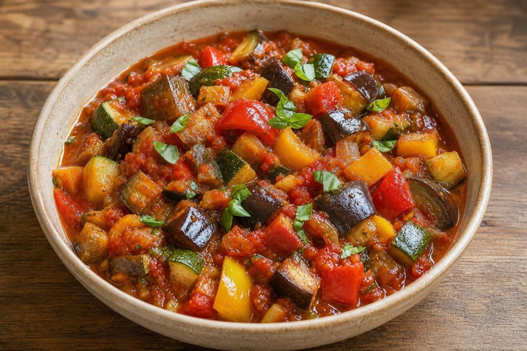 French Ratatouille with herb-infused tomato sauce served in a bowl garnished with fresh basil leaves.