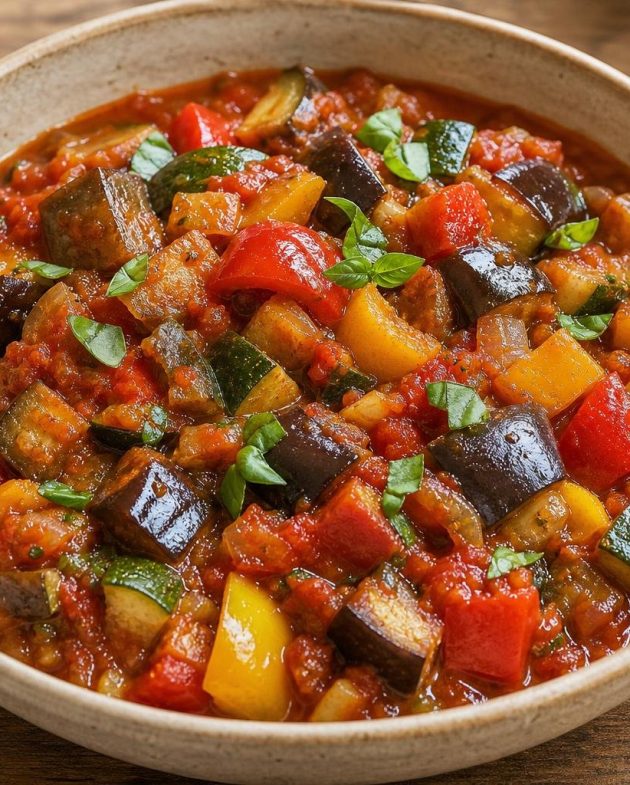 French Ratatouille with herb-infused tomato sauce served in a bowl garnished with fresh basil leaves.