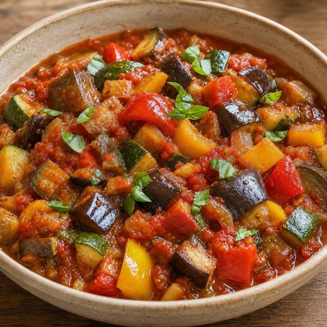 French Ratatouille with herb-infused tomato sauce served in a bowl garnished with fresh basil leaves.