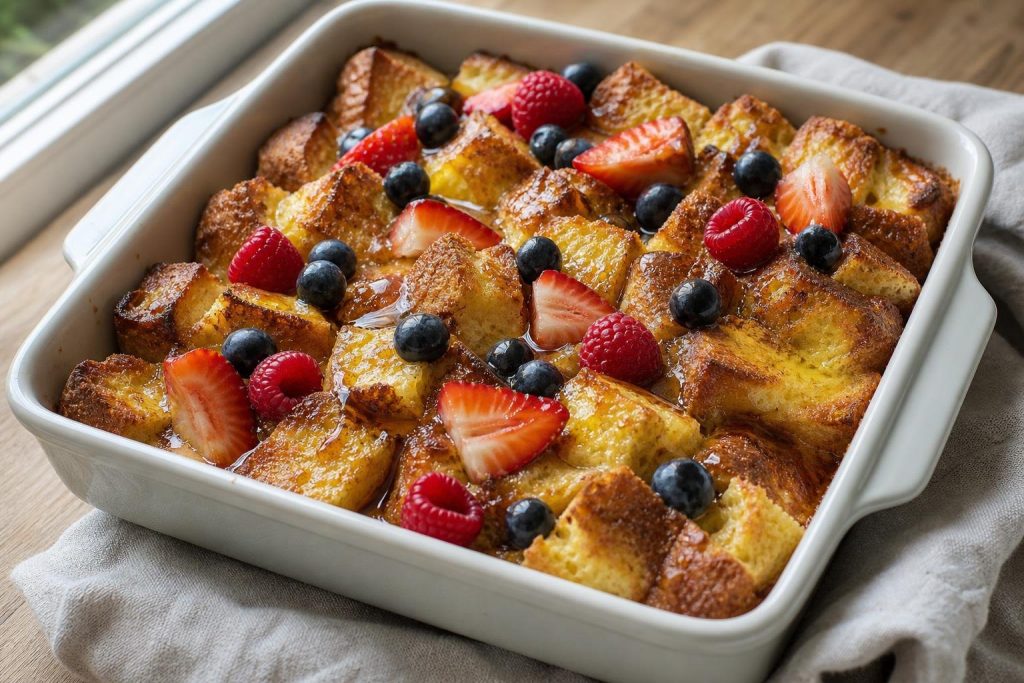 French Toast Casserole baked with berries and maple syrup drizzle in a 9x9-inch dish