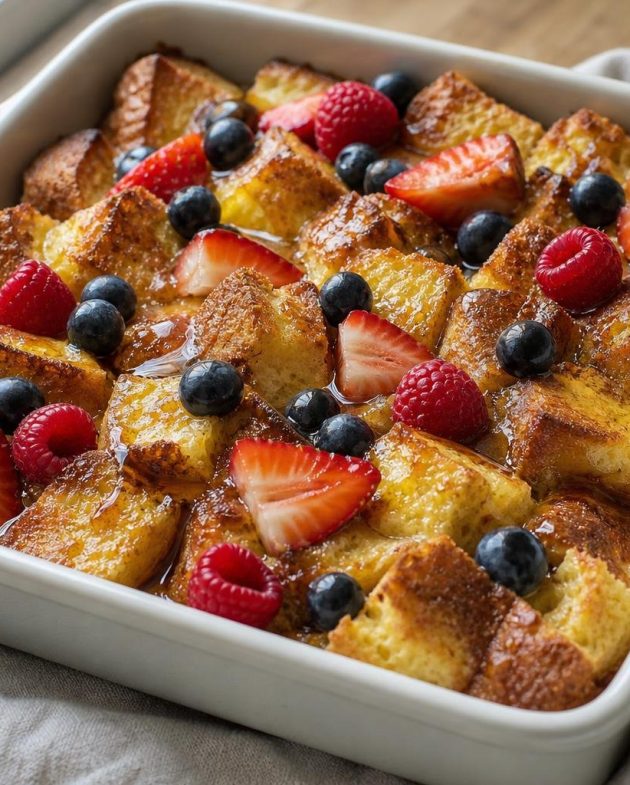 French Toast Casserole baked with berries and maple syrup drizzle in a 9x9-inch dish