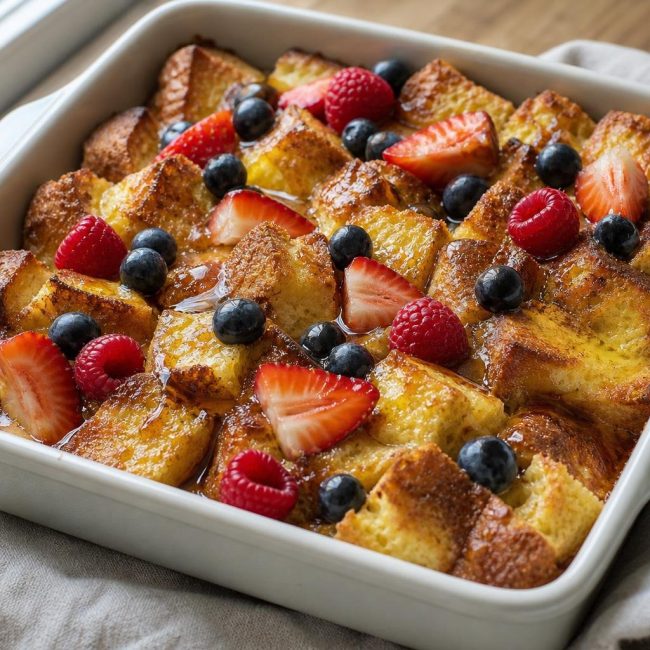 French Toast Casserole baked with berries and maple syrup drizzle in a 9x9-inch dish